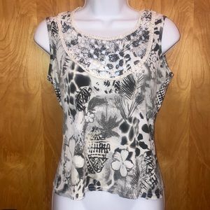 Black & White Floral Bali Tank Top Size Small